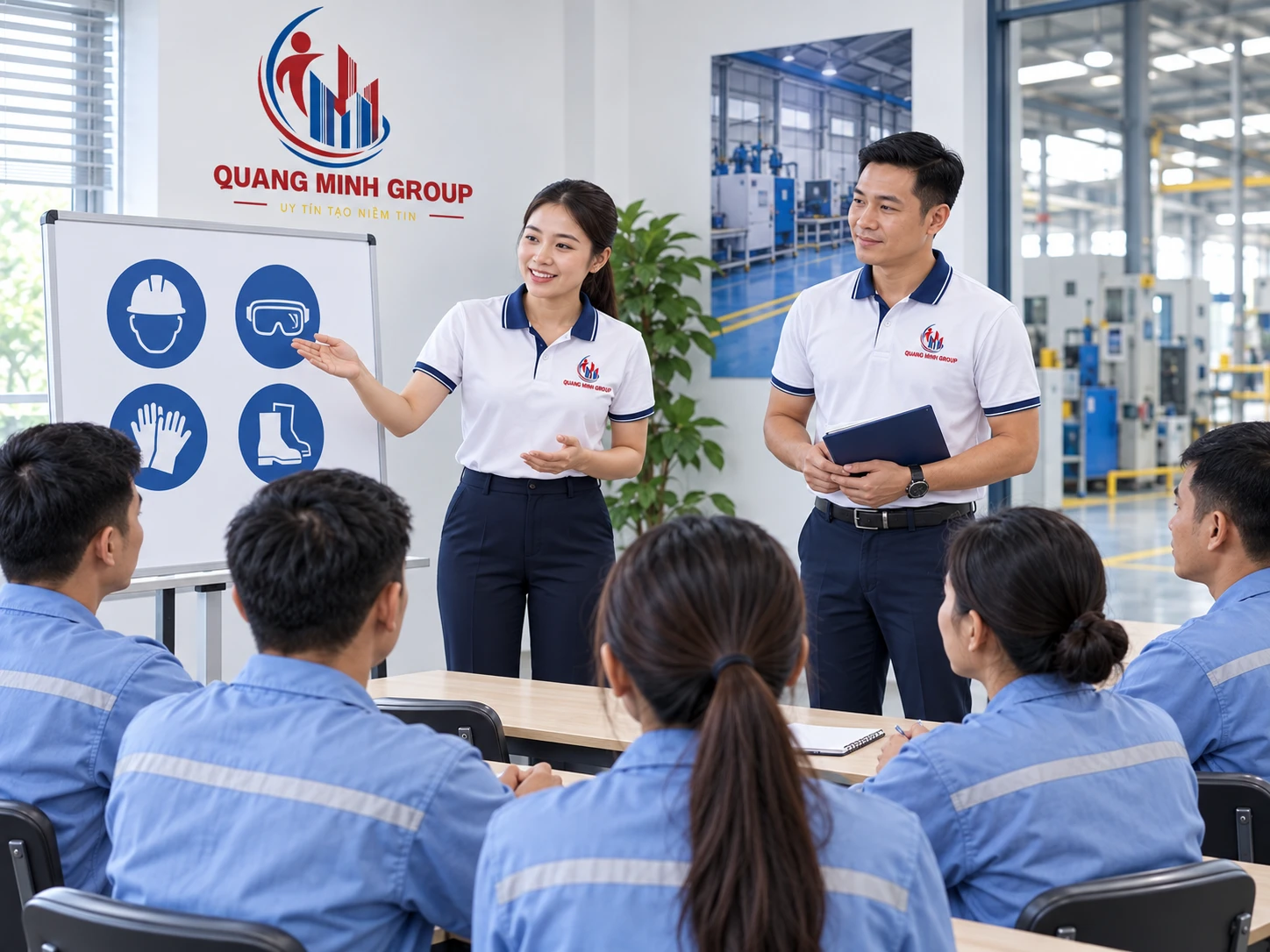 Hướng dẫn trước khi nhận việc, quản lý mặc áo logo QUANG MINH GROUP