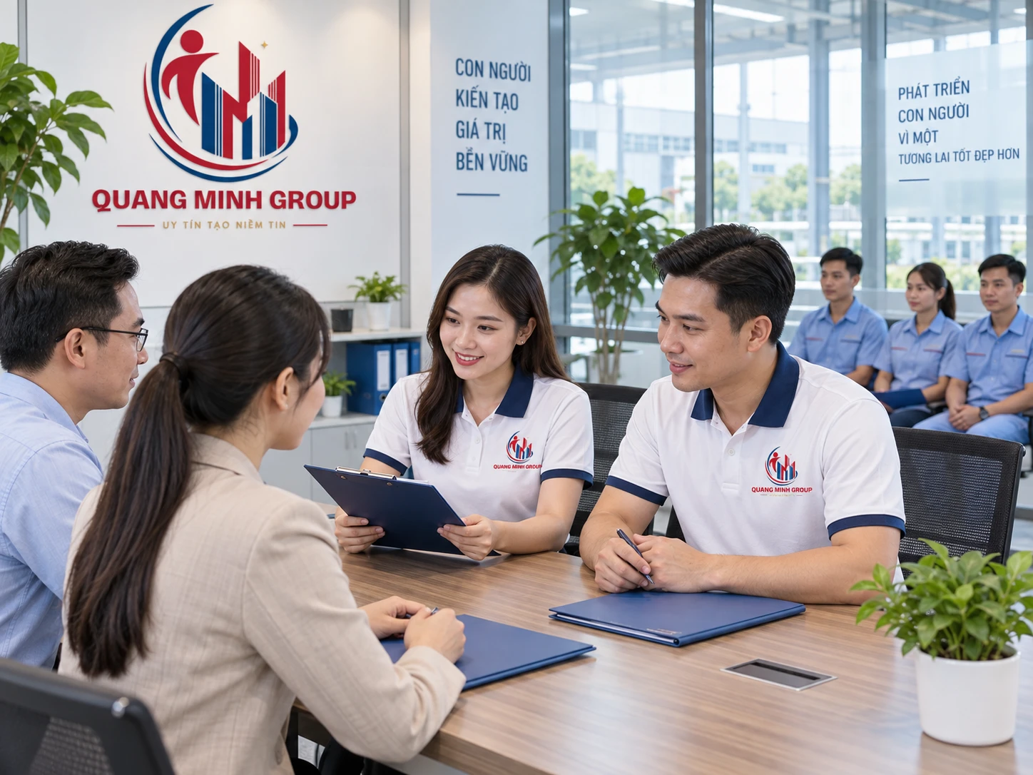 Đối chiếu hồ sơ bàn giao, quản lý mặc áo logo QUANG MINH GROUP