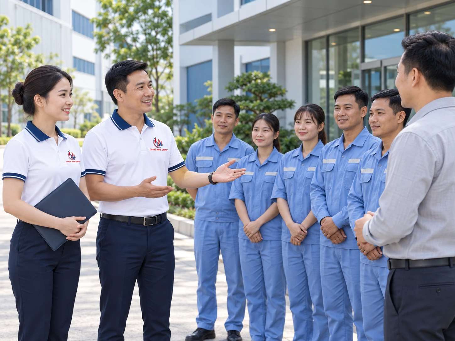 Tiếp nhận tại doanh nghiệp, quản lý mặc áo logo QUANG MINH GROUP