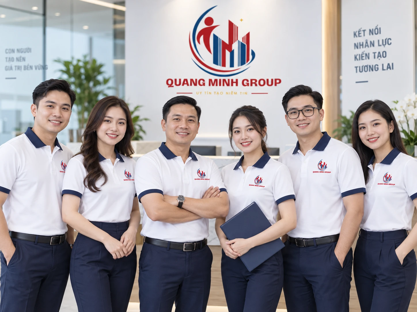 đội ngũ mặc đồng phục có logo QUANG MINH GROUP